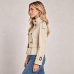 Women's Beige Cropped Trench Coat with Funnel Neck and Buckle Belt 4