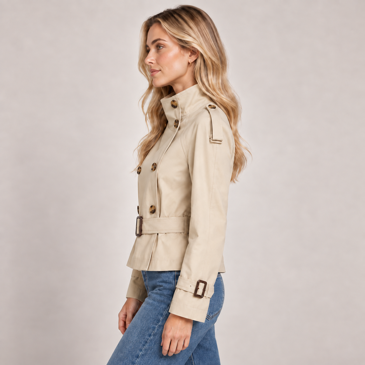 Women's Beige Cropped Trench Coat with Funnel Neck and Buckle Belt 4