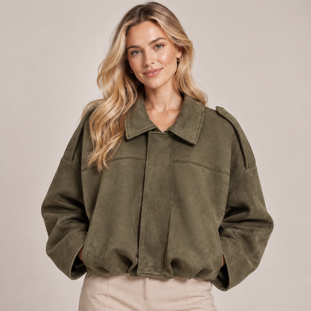 Women's Faux Suede Bomber Jacket with Fold Over Collar, Ribbed Hem 0