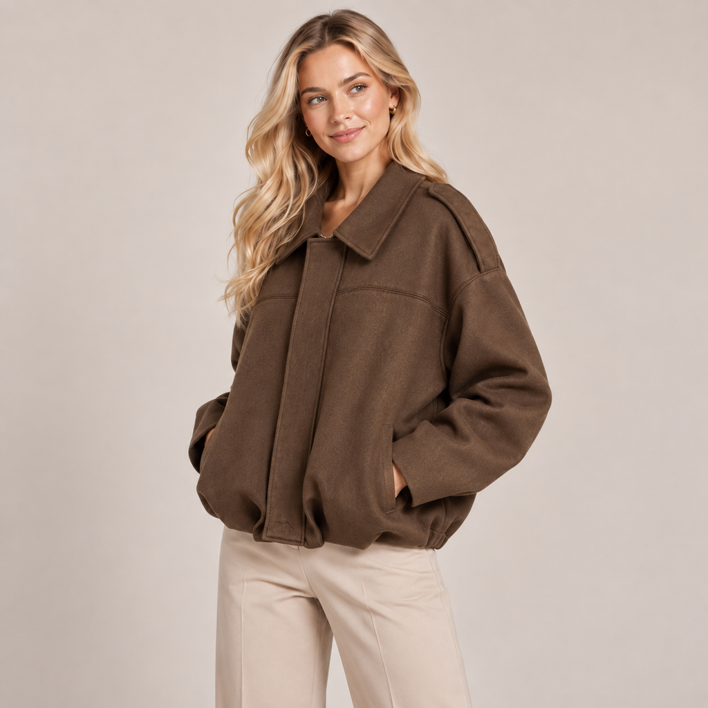 Women's Faux Suede Bomber Jacket with Fold Over Collar, Ribbed Hem 1