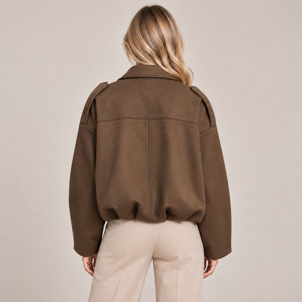 Women's Faux Suede Bomber Jacket with Fold Over Collar, Ribbed Hem 2