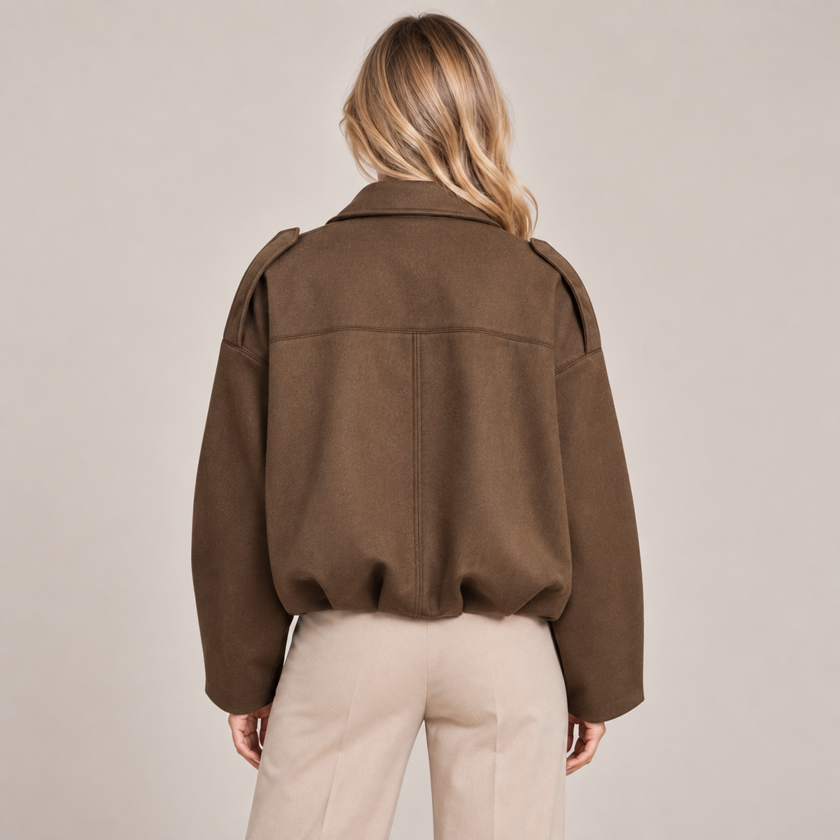 Women's Faux Suede Bomber Jacket with Fold Over Collar, Ribbed Hem 2