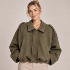 Women's Faux Suede Bomber Jacket with Fold Over Collar, Ribbed Hem 3
