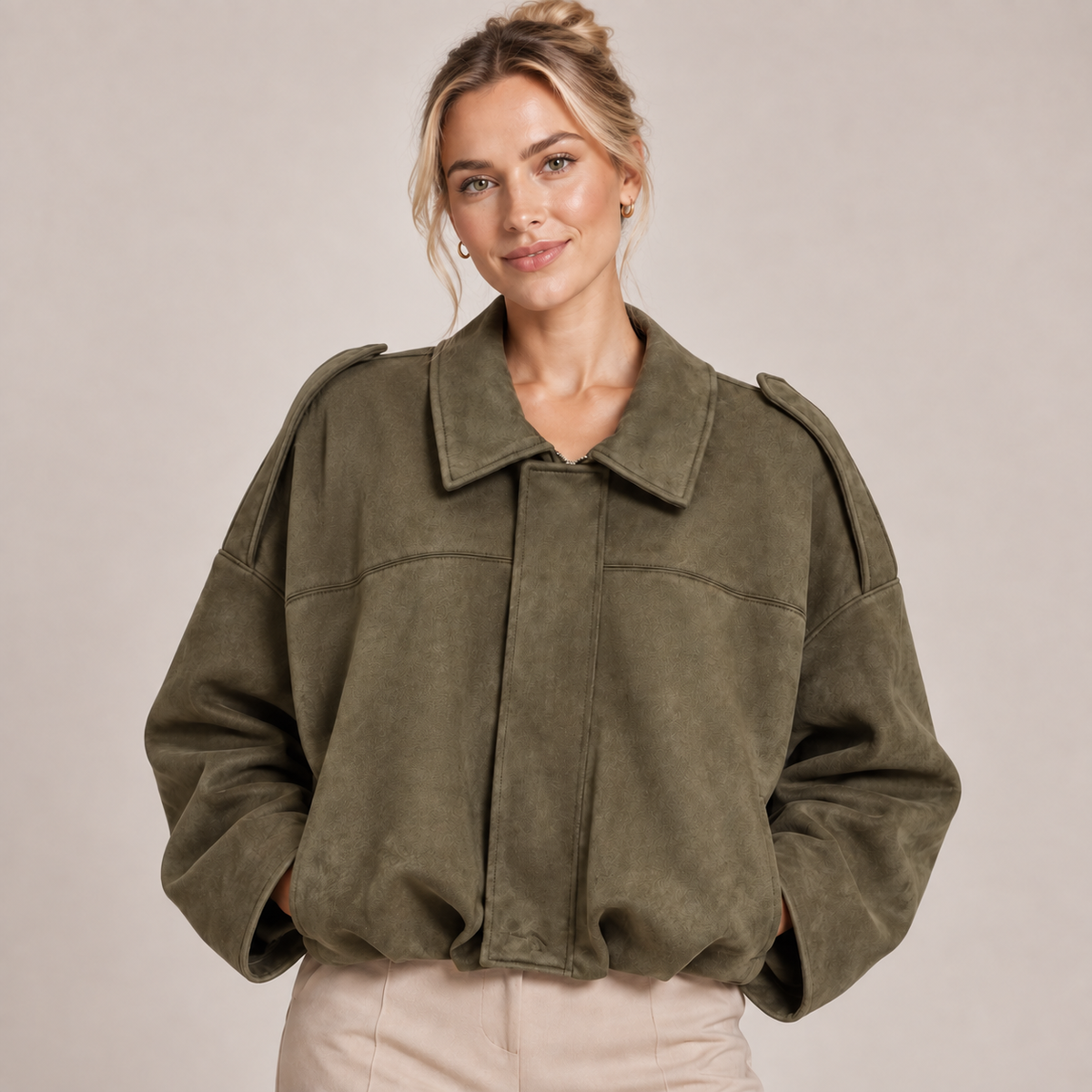 Women's Faux Suede Bomber Jacket with Fold Over Collar, Ribbed Hem 3