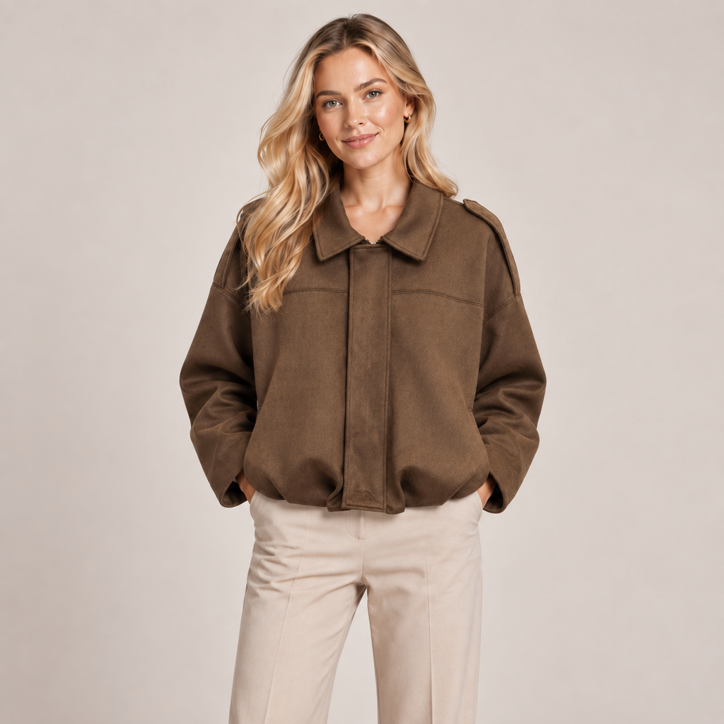 Women's Faux Suede Bomber Jacket with Fold Over Collar, Ribbed Hem 7