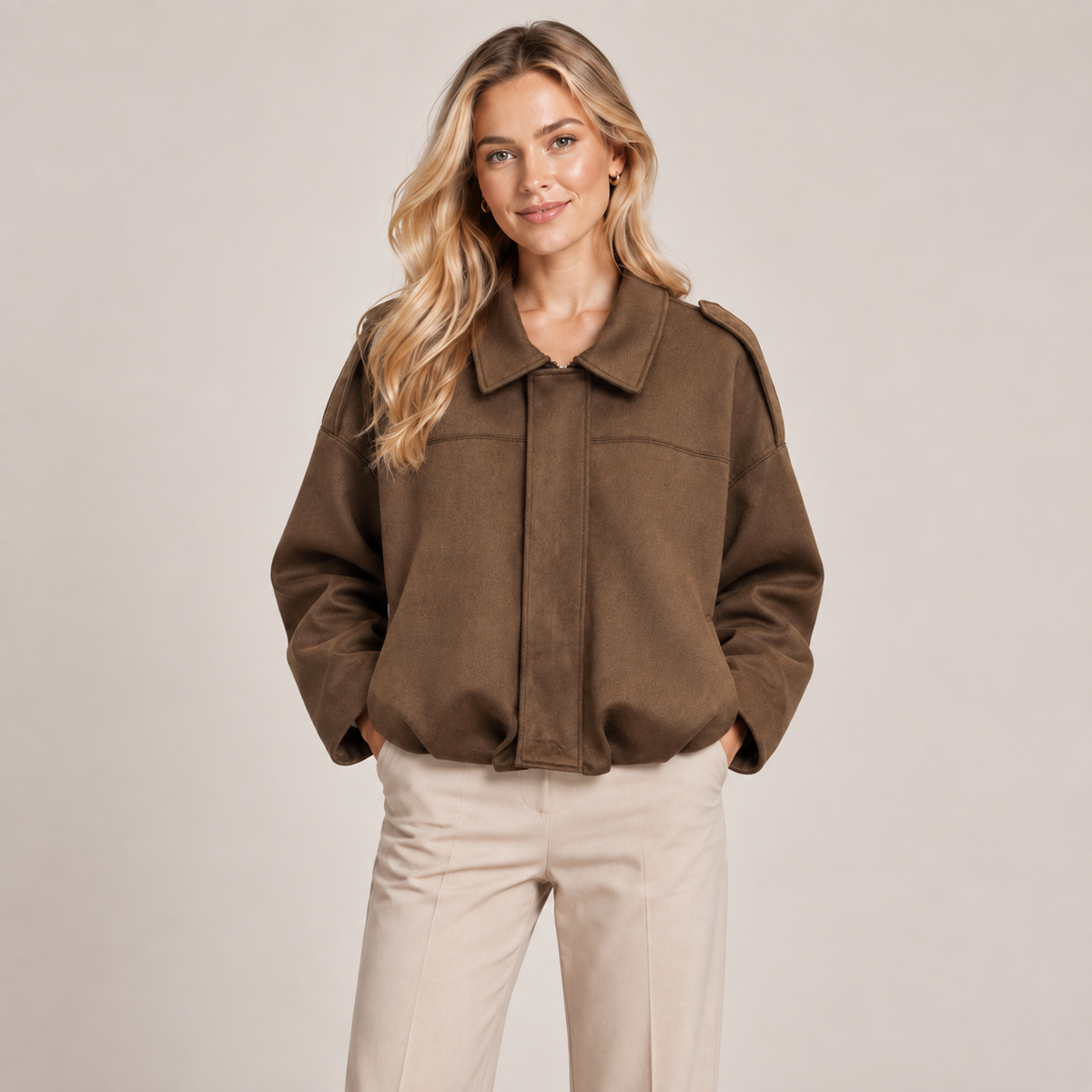 Women's Faux Suede Bomber Jacket with Fold Over Collar, Ribbed Hem 7