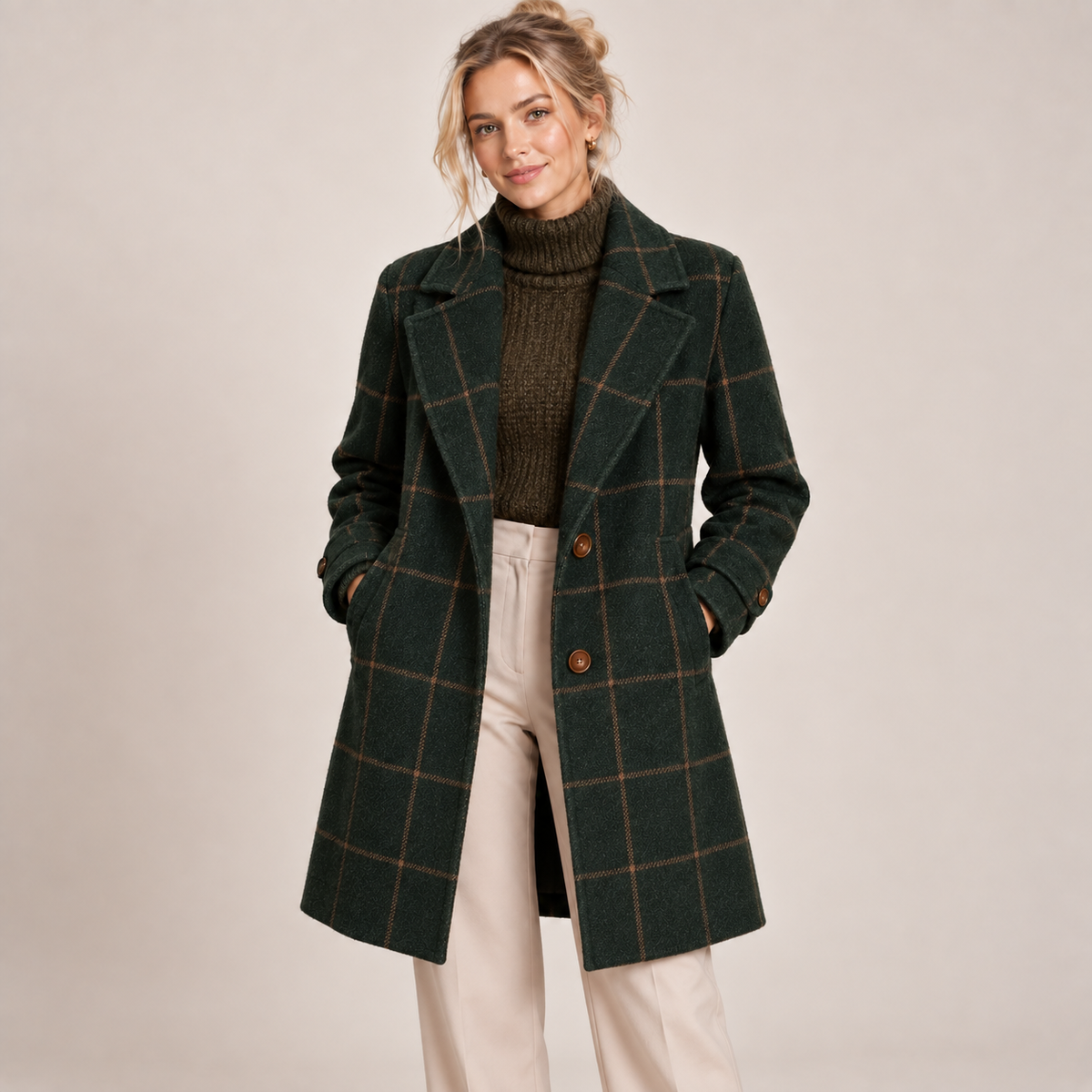 Wool Coat Women Checkered Pattern Tailored Fit with Lapel Collar 4