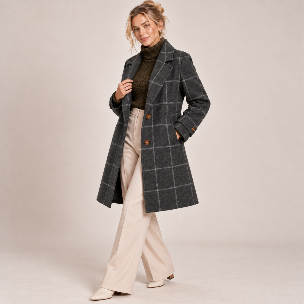 Wool Coat Women Checkered Pattern Tailored Fit with Lapel Collar 5