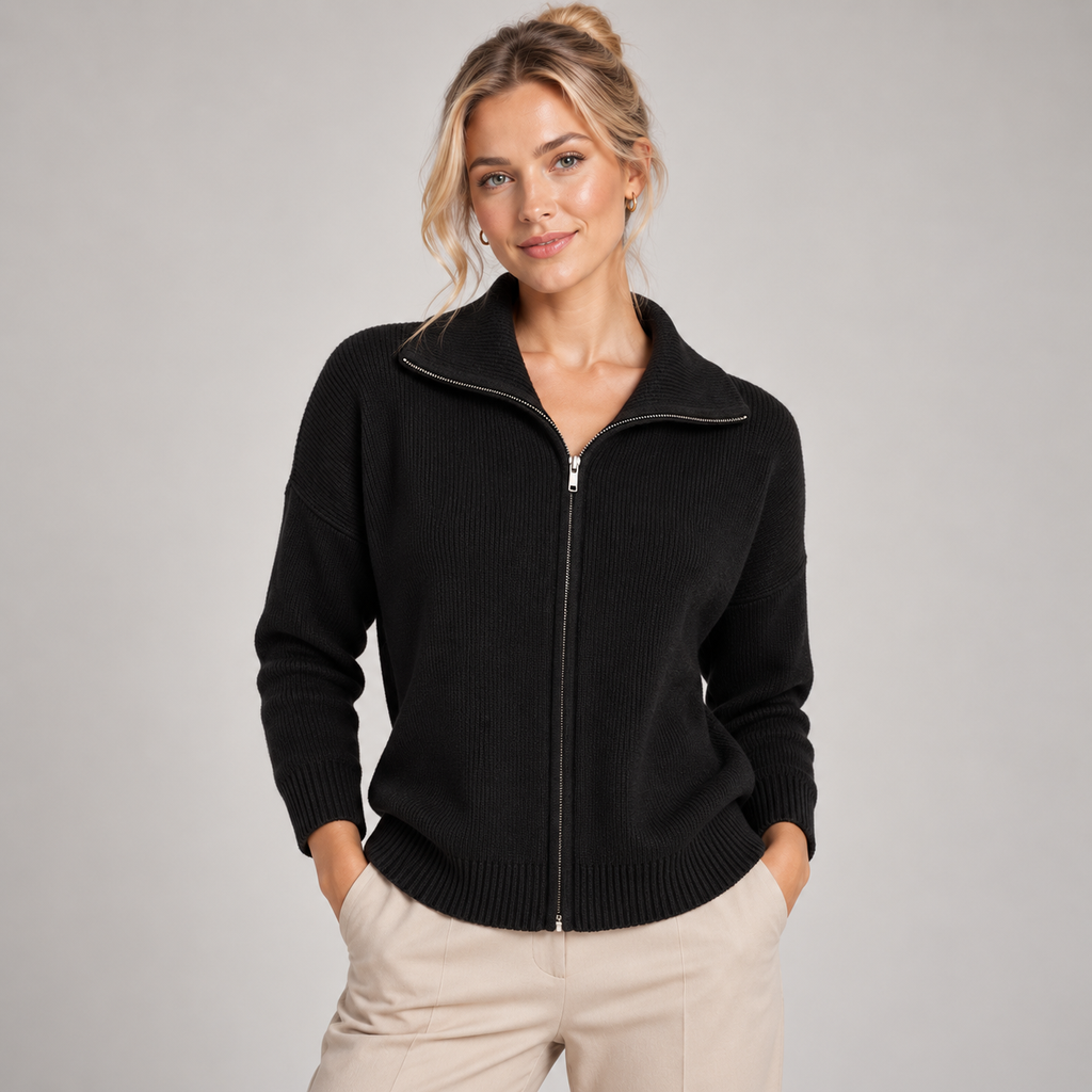 Zip Up Cardigan Women Soft Knitted Stand Collar Relaxed Fit 0