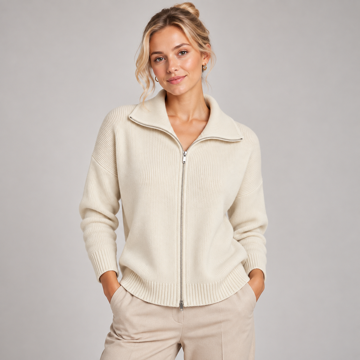 Zip Up Cardigan Women Soft Knitted Stand Collar Relaxed Fit 1