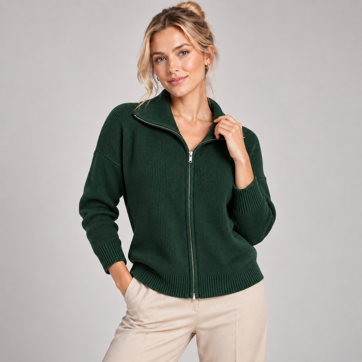 Zip Up Cardigan Women Soft Knitted Stand Collar Relaxed Fit 3