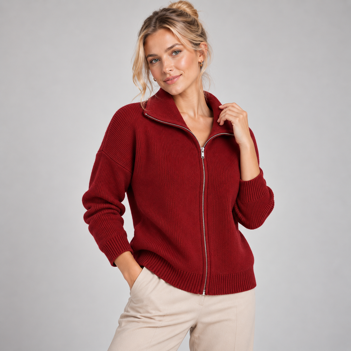 Zip Up Cardigan Women Soft Knitted Stand Collar Relaxed Fit 5