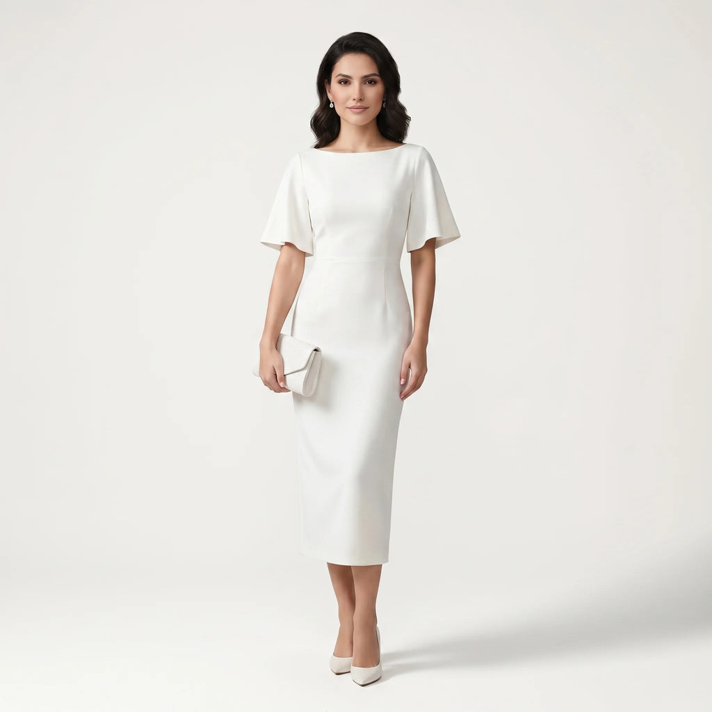 Women’s Elegant Boat Neck Midi Dress – Short Sleeve Formal Cocktail Dress-Dress-White-S-Nausin