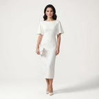 Women’s Elegant Boat Neck Midi Dress – Short Sleeve Formal Cocktail Dress-Dress-White-S-Nausin