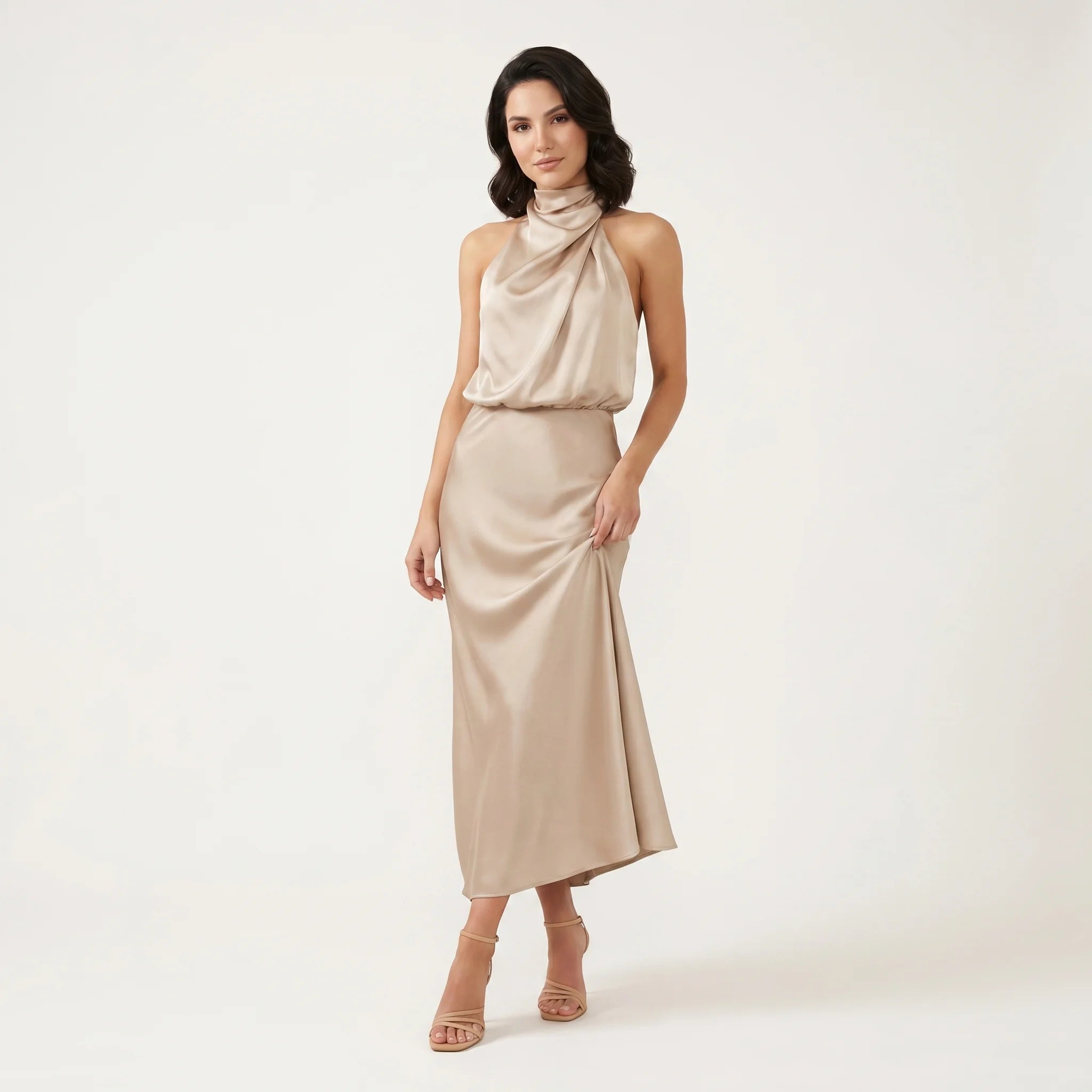 Women’s Satin Halter Maxi Dress – Elegant Sleeveless Evening Dress-Dress-Beige-S-Nausin