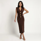 Women’s Embellished Midi Evening Dress – Elegant Deep V-Neck Party Dress-Dress-Brown-S-Nausin