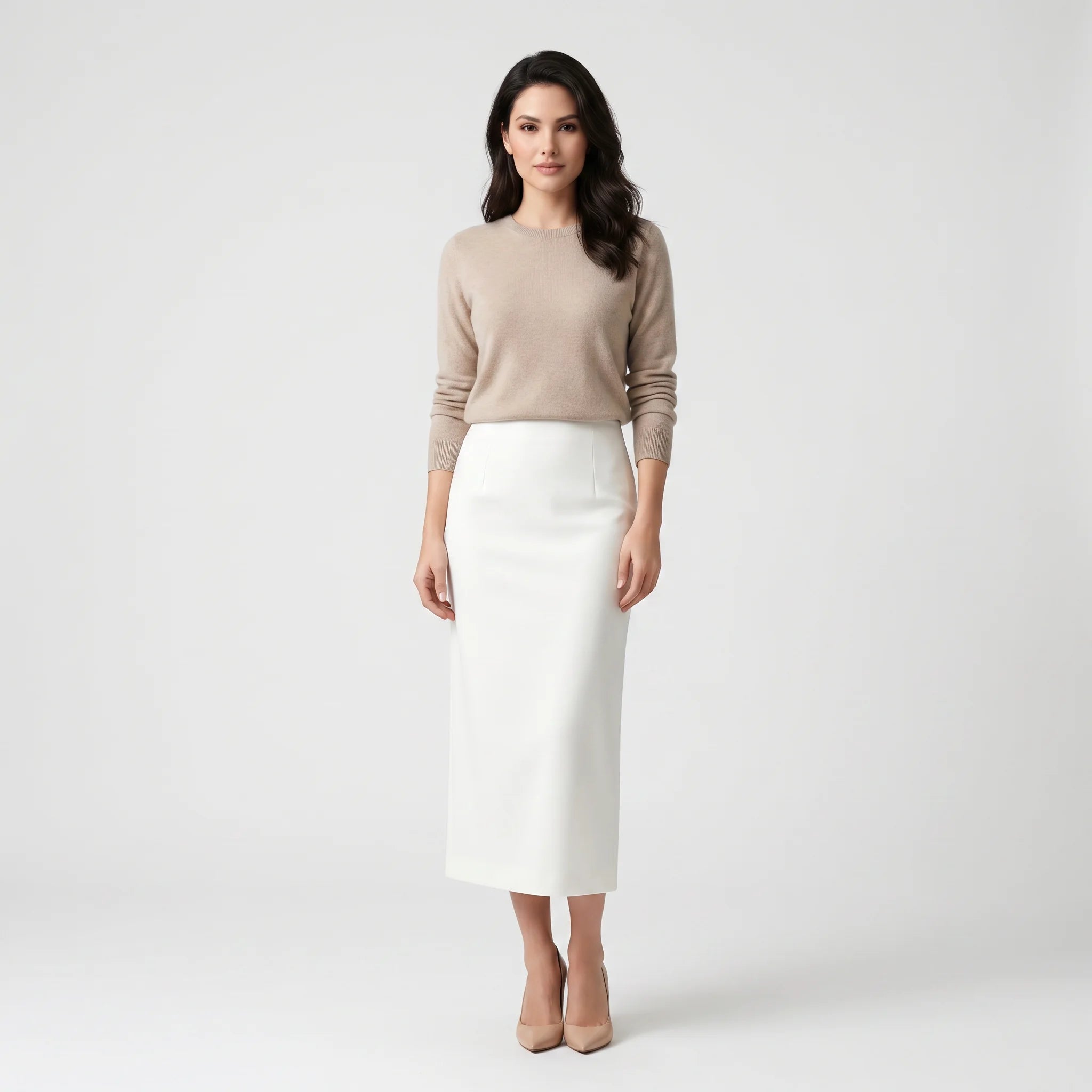 Women’s High-Waist Midi Skirt – Elegant A-Line Office & Summer Skirt-Skirts-Beige-S-Nausin