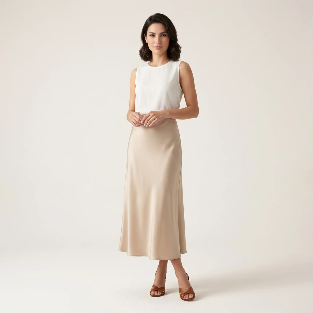Women’s Satin Maxi Skirt – Elegant High-Waist Slip Skirt-Skirts-Beige-S-Nausin