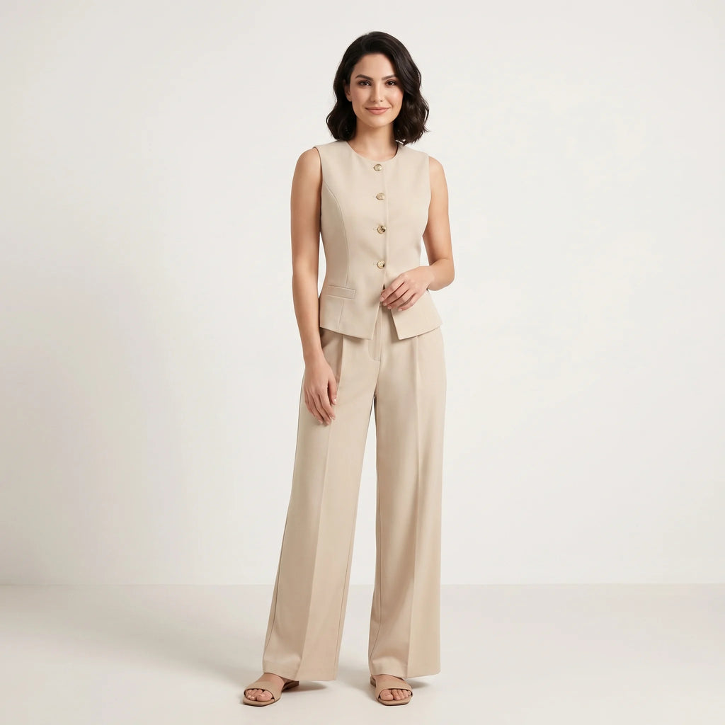 Women’s Tailored Vest and Wide-Leg Trouser Set – Elegant Two-Piece Co-Ord-Women's Two Piece Sets-Khaki-XS-Nausin