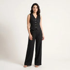 Women’s Linen Blend Two-Piece Set – Tailored Vest & Wide-Leg Trousers-Women's Two Piece Sets-Black-S-Nausin