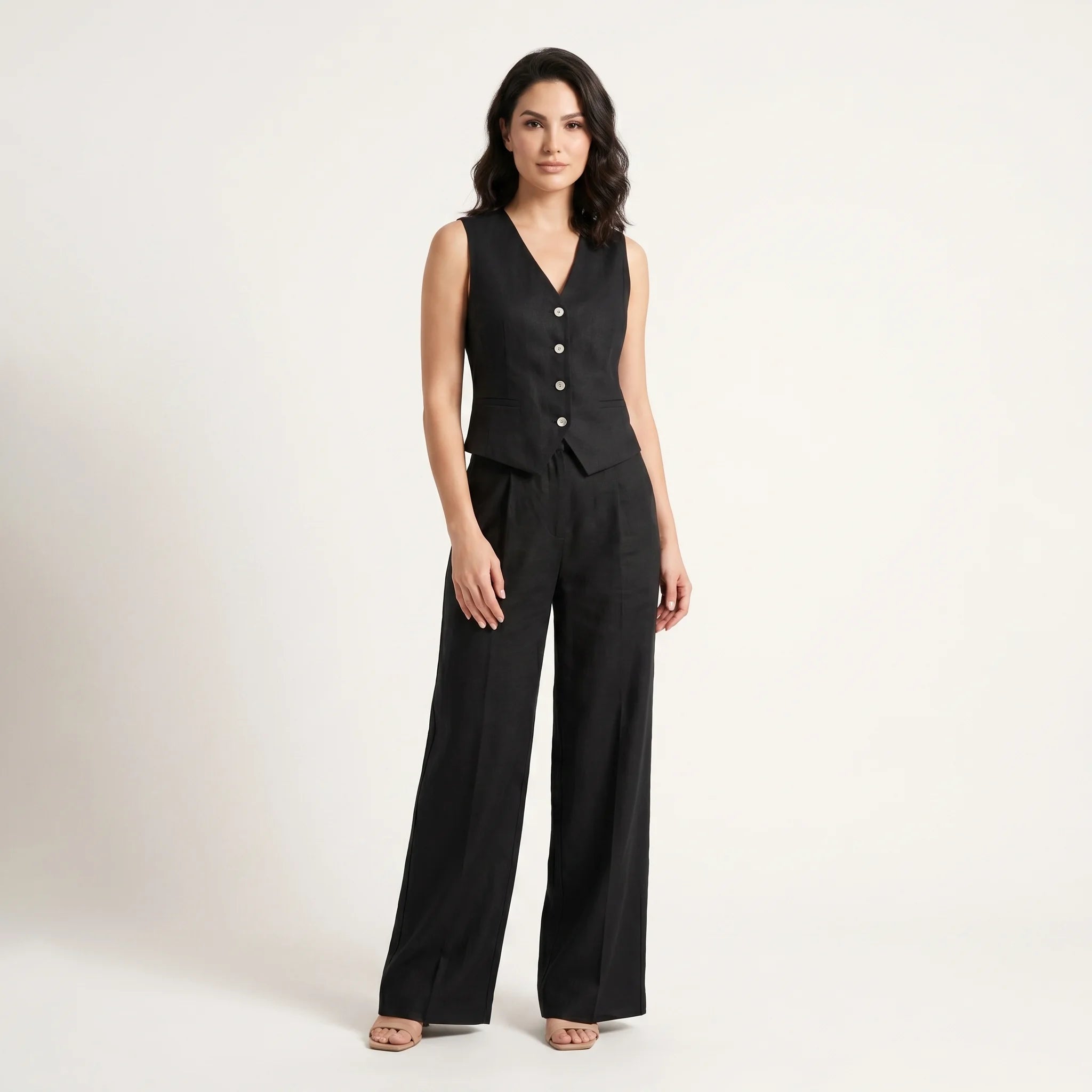 Women’s Linen Blend Two-Piece Set – Tailored Vest & Wide-Leg Trousers-Women's Two Piece Sets-Black-S-Nausin