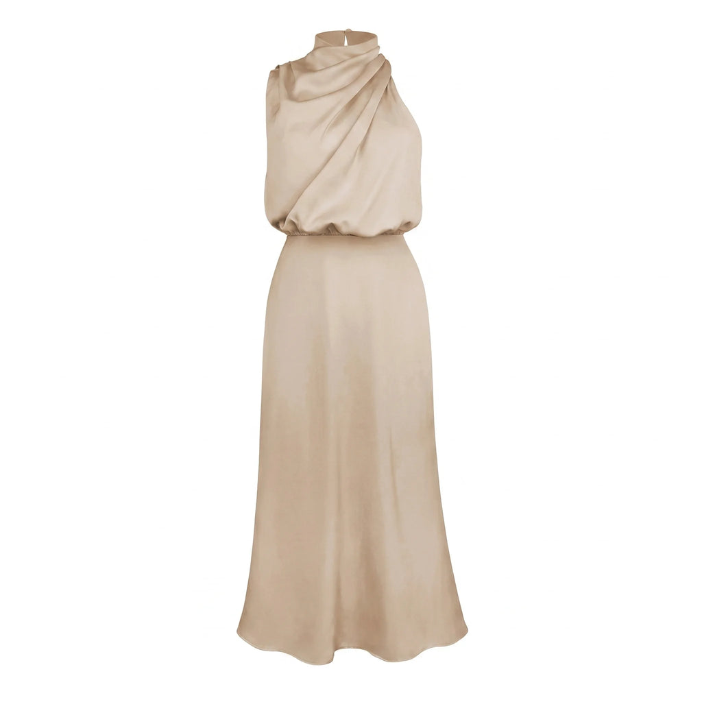 Women’s Satin Halter Maxi Dress – Elegant Sleeveless Evening Dress-Dress-Beige-S-Nausin