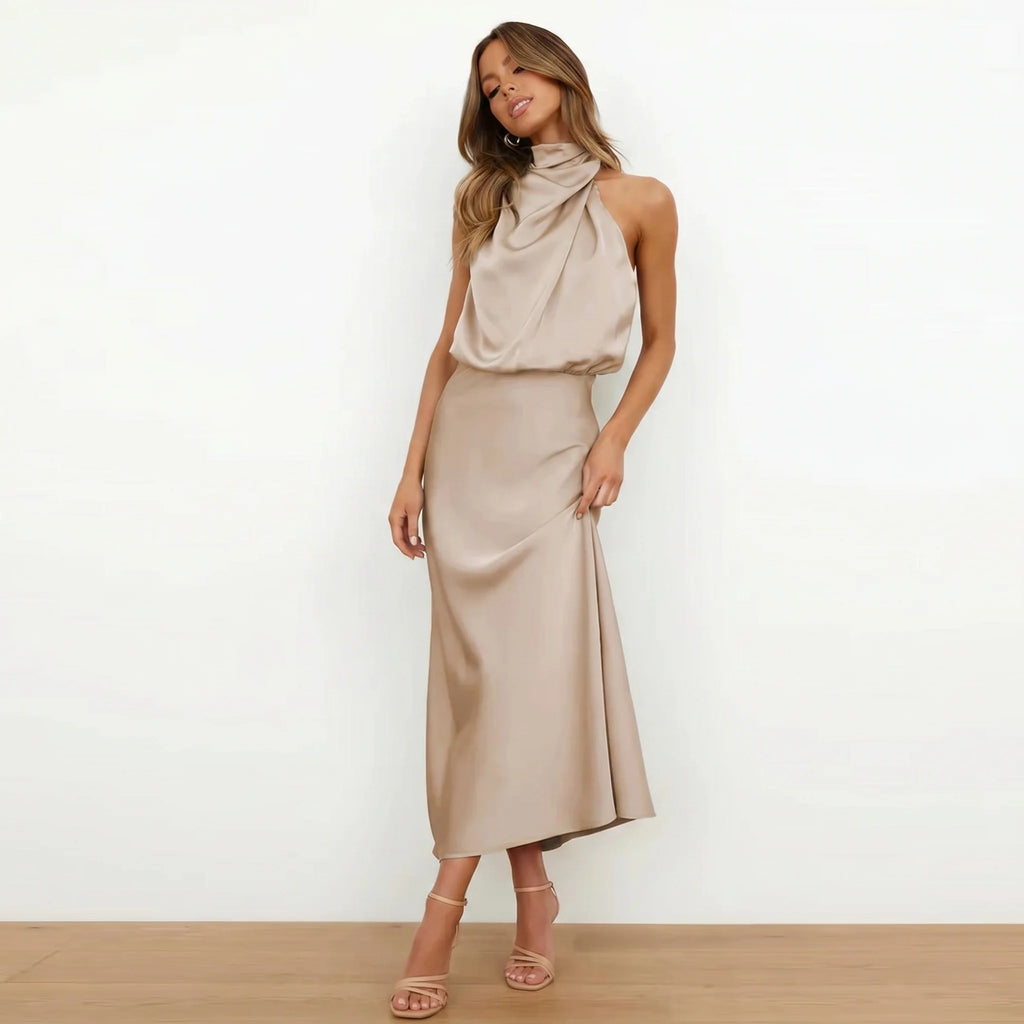 Women’s Satin Halter Maxi Dress – Elegant Sleeveless Evening Dress-Dress-Beige-S-Nausin
