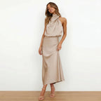 Women’s Satin Halter Maxi Dress – Elegant Sleeveless Evening Dress-Dress-Beige-S-Nausin