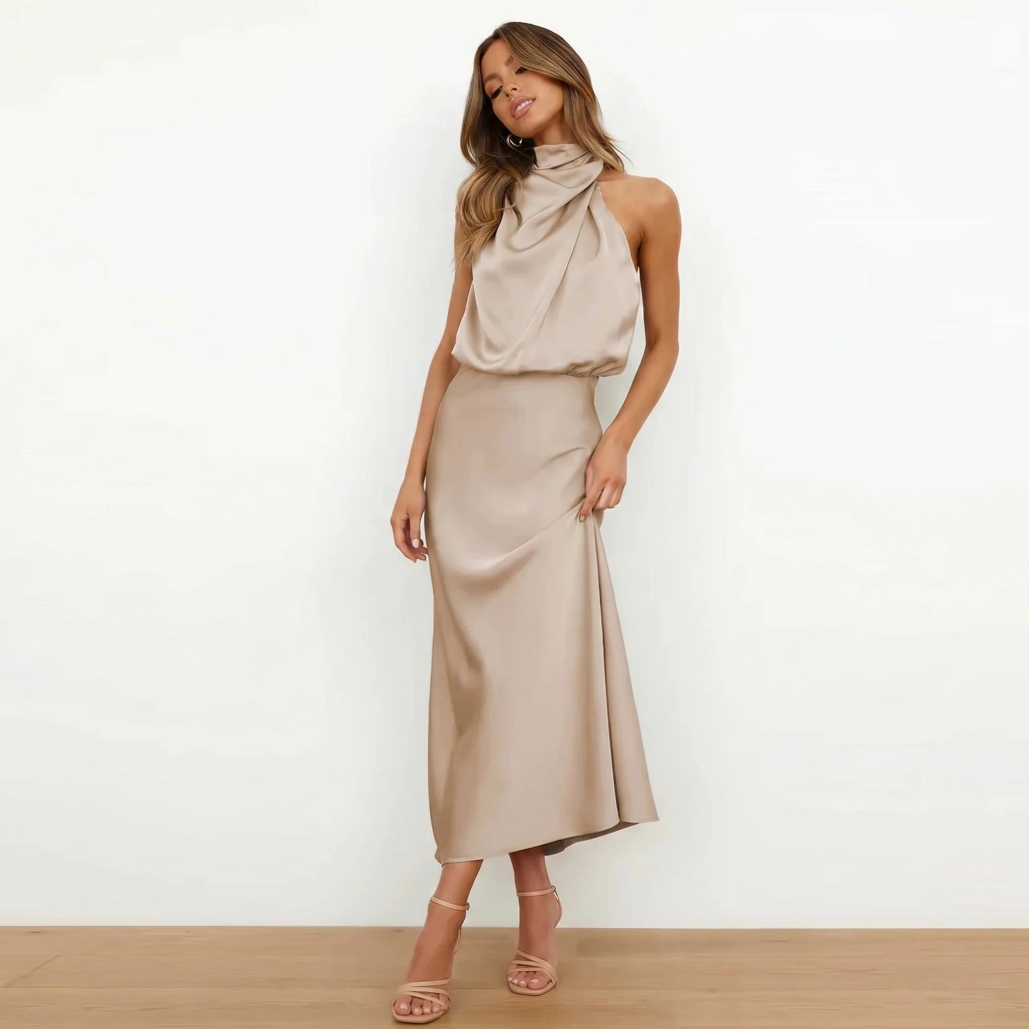 Women’s Satin Halter Maxi Dress – Elegant Sleeveless Evening Dress-Dress-Beige-S-Nausin