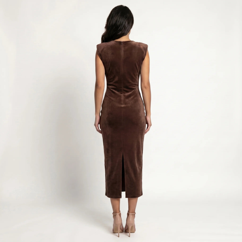 Women’s Embellished Midi Evening Dress – Elegant Deep V-Neck Party Dress-Dress-Brown-S-Nausin