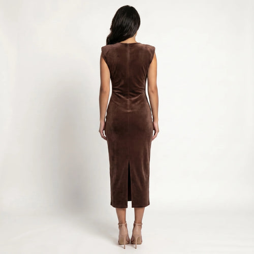Women’s Embellished Midi Evening Dress – Elegant Deep V-Neck Party Dress-Dress-Brown-S-Nausin