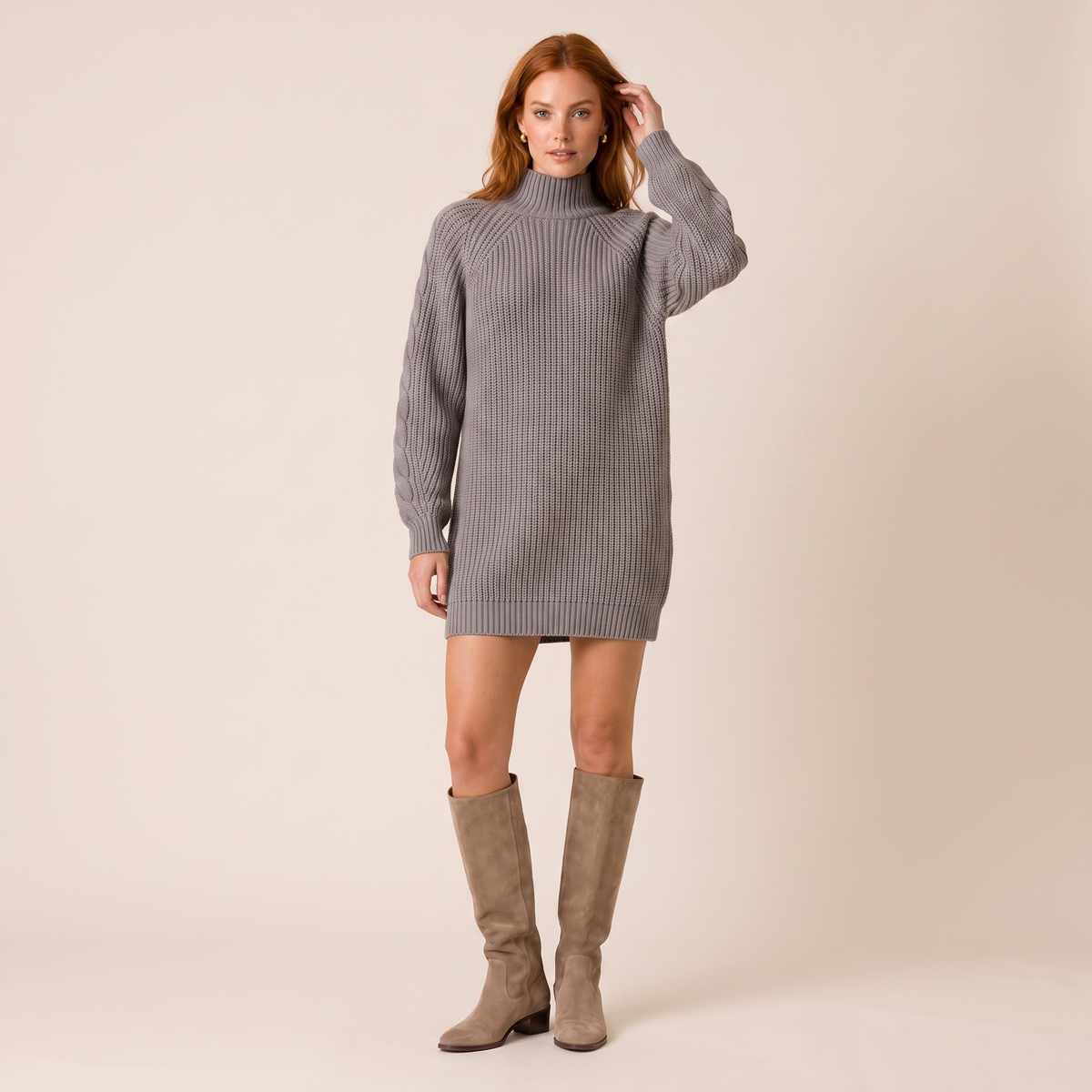 Oversized Roll Neck Jumper Dress in Wool Blend Knit light grey 2