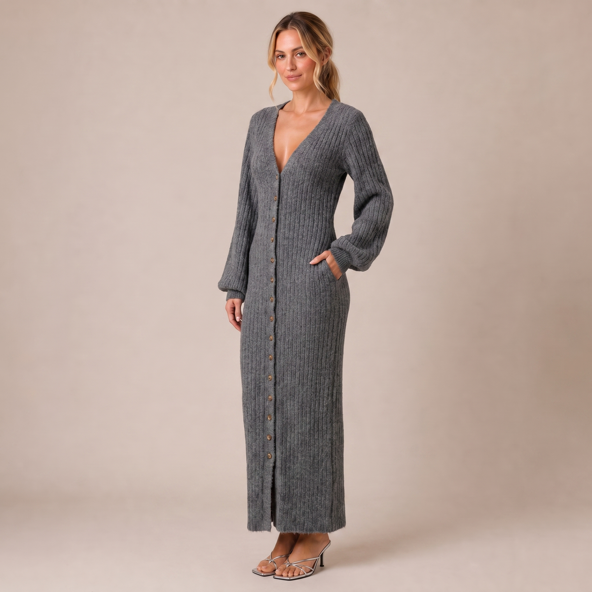 V-Neck Maxi Dress with Balloon Sleeves in Ribbed Knit Fabric grey 1