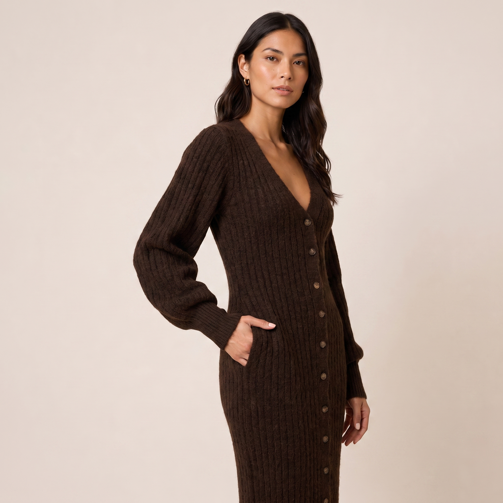 V-Neck Maxi Dress with Balloon Sleeves in Ribbed Knit Fabric brown 1