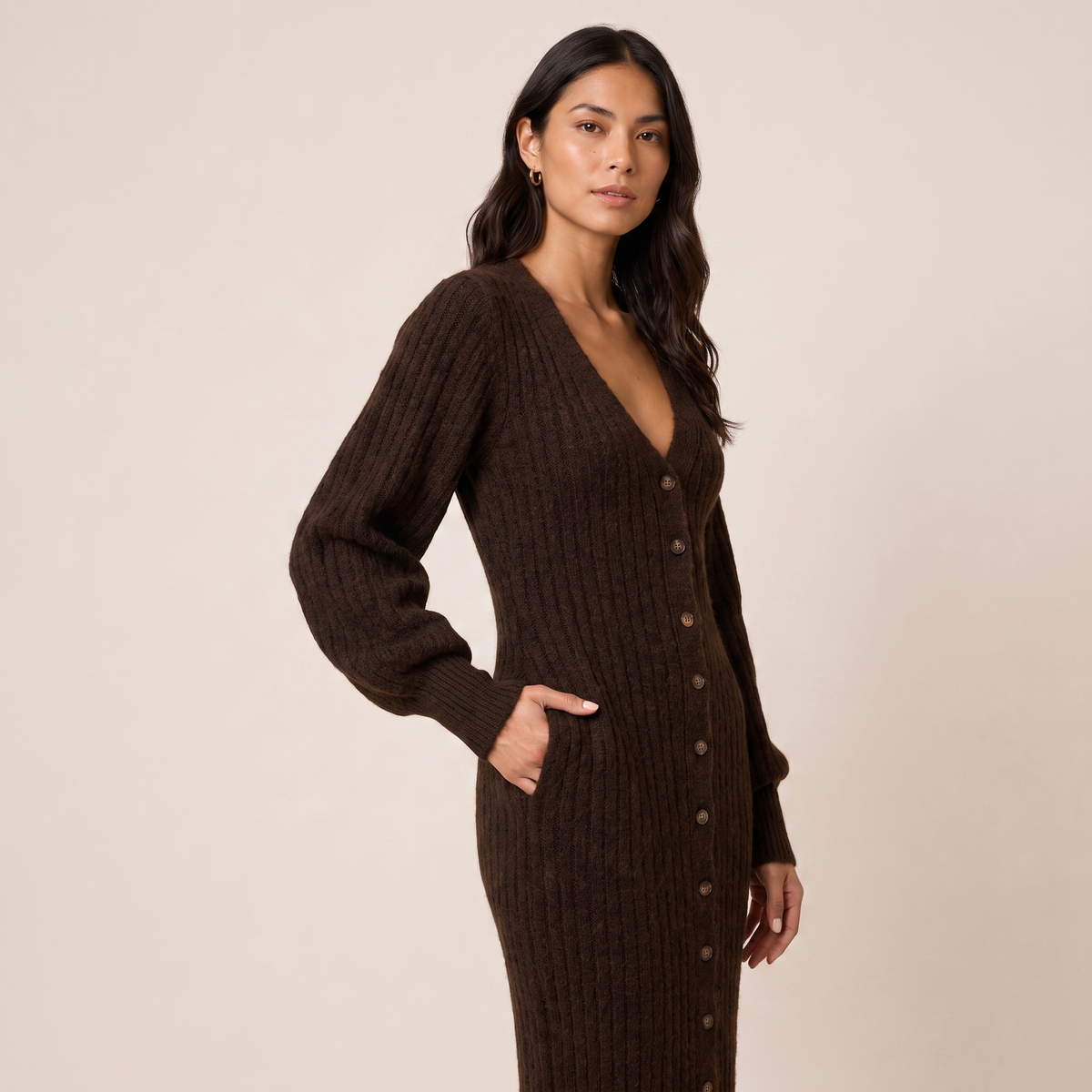 V-Neck Maxi Dress with Balloon Sleeves in Ribbed Knit Fabric brown 1