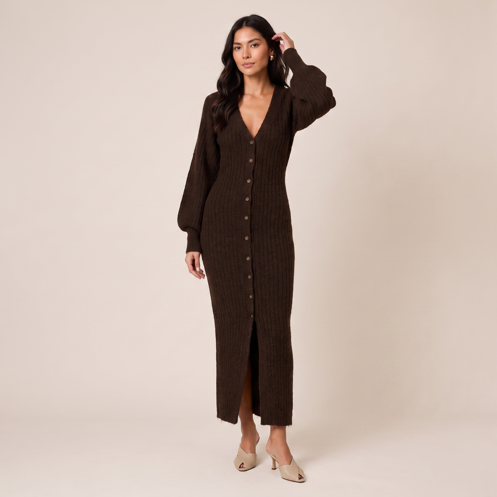 V-Neck Maxi Dress with Balloon Sleeves in Ribbed Knit Fabric brown 2