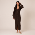 V-Neck Maxi Dress with Balloon Sleeves in Ribbed Knit Fabric brown 2