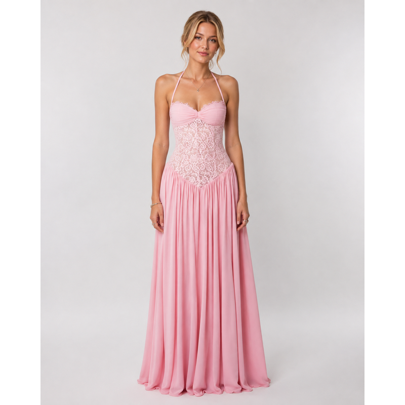 Maxi Dress with Floral Lace Detail and Sleeveless Design