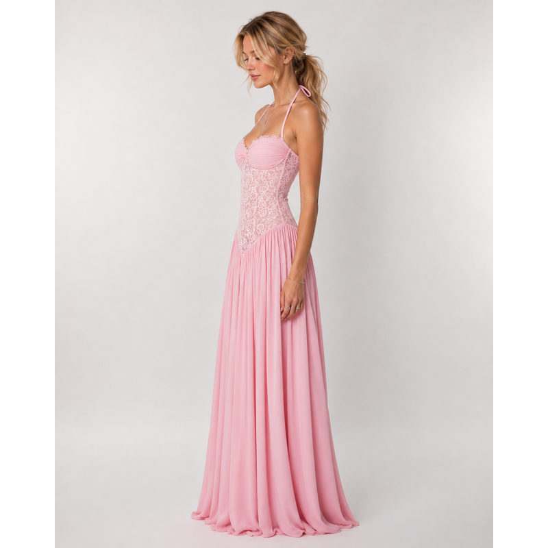 Maxi Dress with Floral Lace Detail and Sleeveless Design